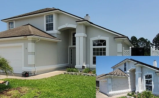A stucco home after exterior trim and body painting, with the before in the corner, Jacksonville FL
