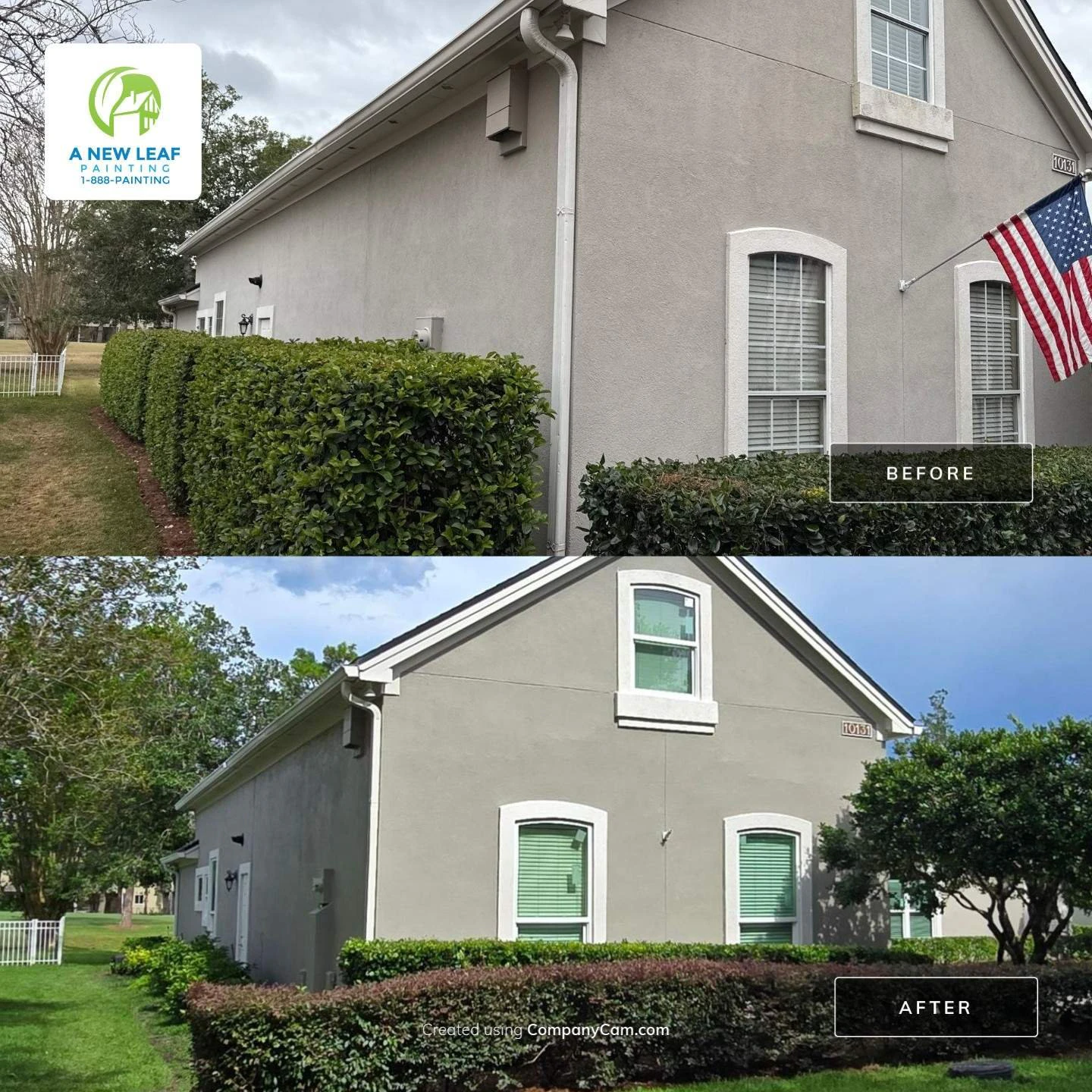 Before and after exterior house painting with stucco trim, fascia, soffits and doors in Deercreek Jacksonville FL 32256