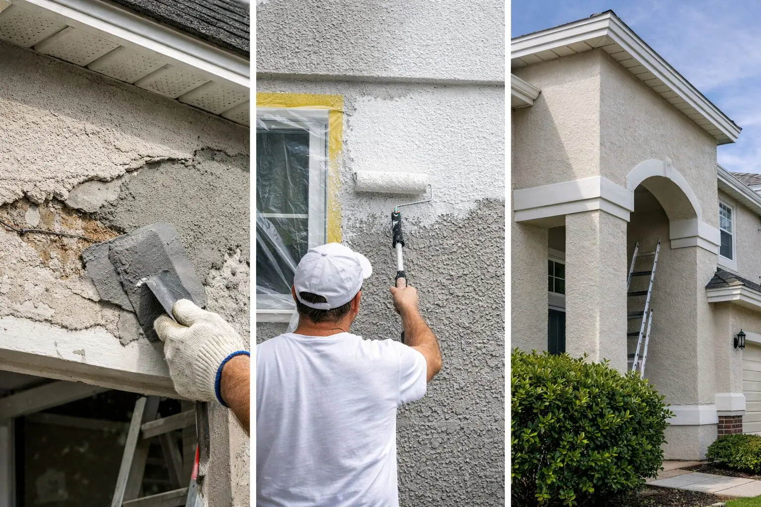 Professional stucco crack repair and sealing before exterior painting in Fleming Island FL