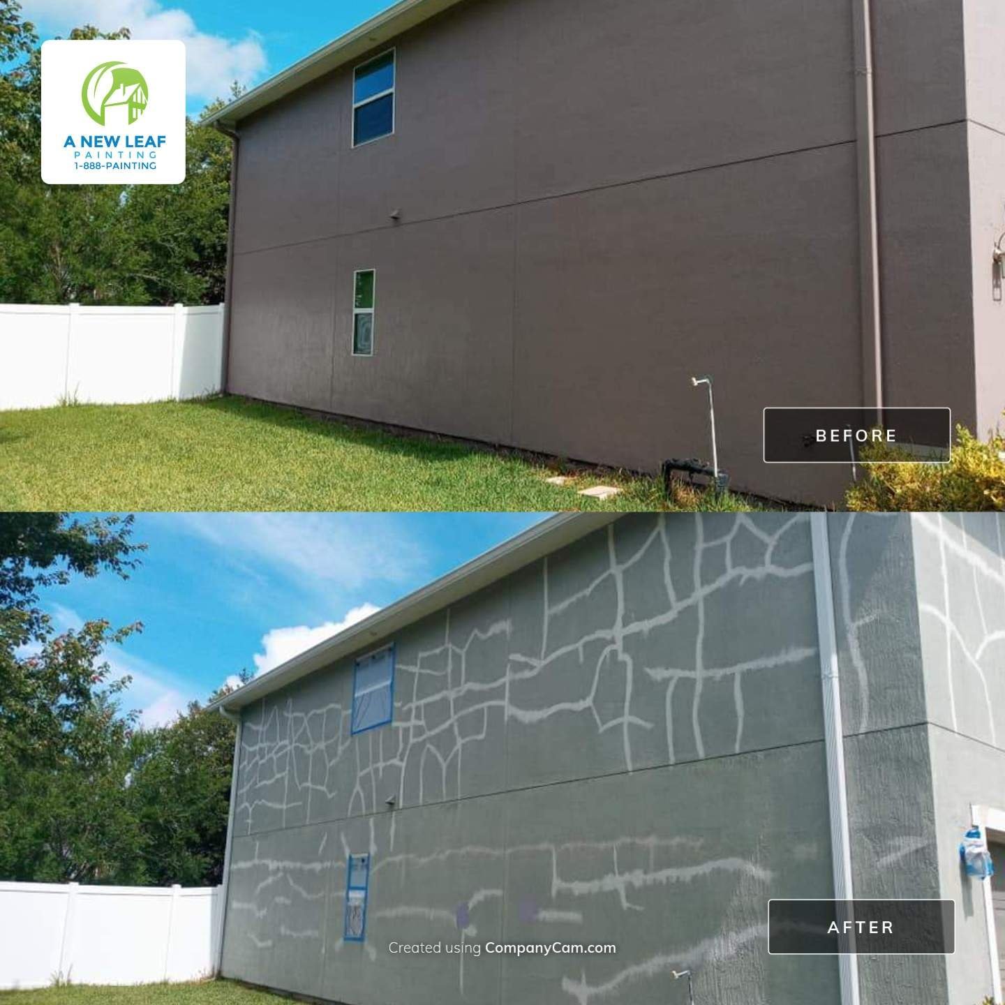 Side elevation before and after exterior stucco repaint in Mandarin, Jacksonville FL 32223, with Renwick Heather body and Alabaster trim