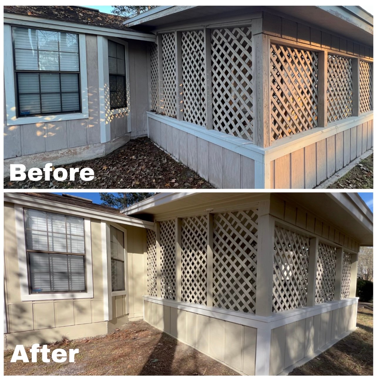 Before and after rotted fascia and trim repair with exterior painting in St. Johns, FL