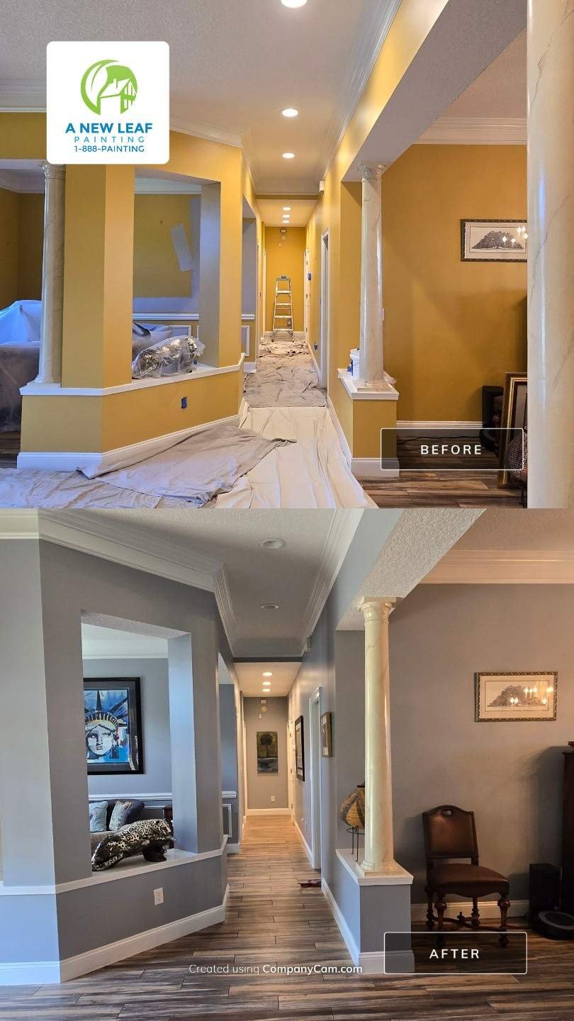 Before and after foyer and hallway walls repainted in a detailed Jacksonville interior