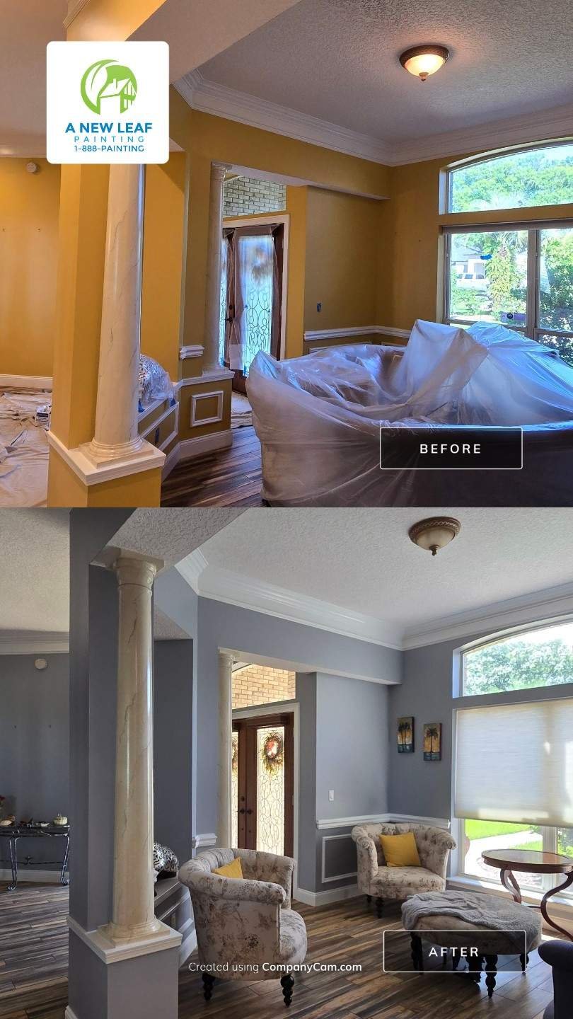 Before and after foyer and dining area walls painted SW 6261 Swanky Gray around existing white trim