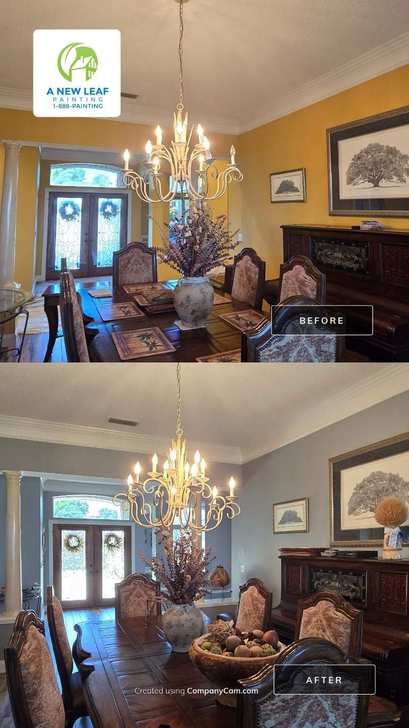 Before and after dining room walls painted around existing crown molding and trim in a Jacksonville home