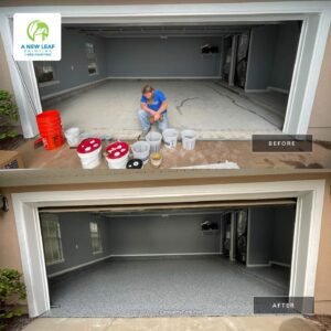 Before and after polyaspartic garage floor coating in Palencia St. Augustine FL