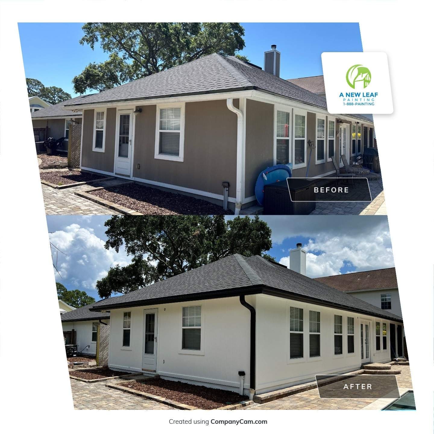 James Hardie House Painting — Jacksonville Beach FL 32250 Before and after exterior repaint showing James Hardie siding, corner boards, trim and fascia in Jacksonville Beach FL 32250