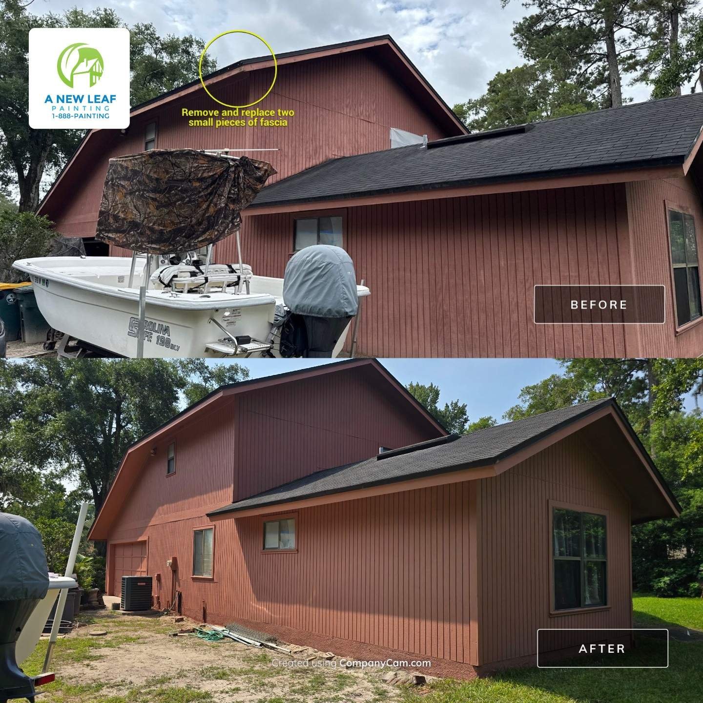 Side Elevation Before and After — Exterior Wood Repairs and Painting Secret Cove Jacksonville 32216 Before and after exterior painting and T1-11 siding repairs on side and rear elevation of Secret Cove Jacksonville home — annotation shows fascia replacement at roofline, completed exterior shows refreshed T1-11 and repaired roofline