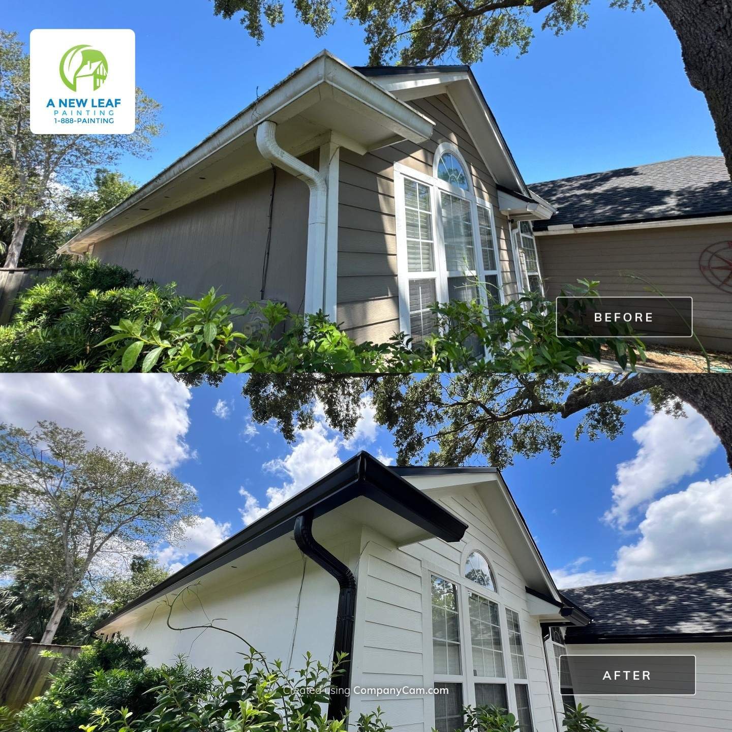 Exterior Siding Painting Before and After — Jacksonville Beach FL 32250 Before and after James Hardie lap siding, trim, soffit and fascia painting on a Jacksonville Beach FL 32250 home