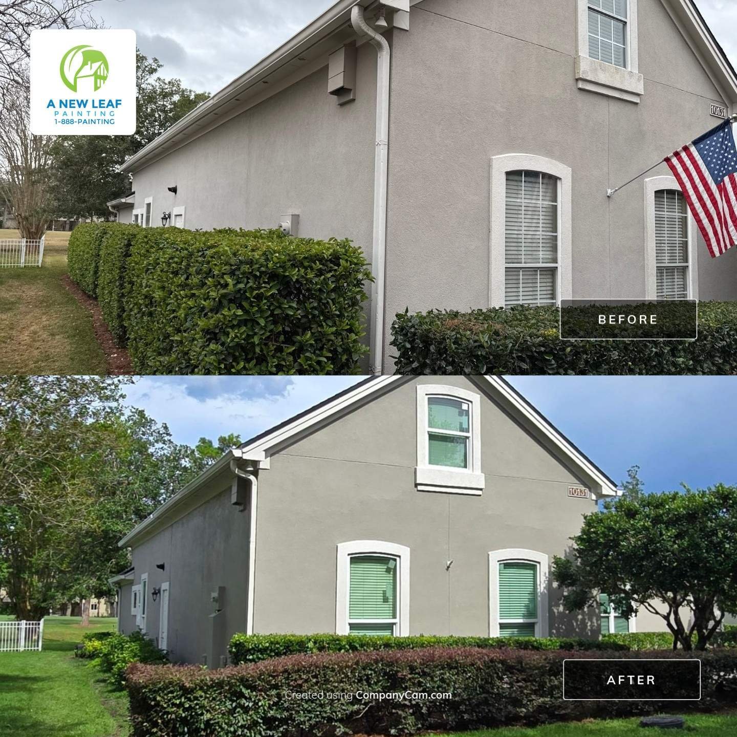 Exterior House Painting With Stucco Trim, Fascia, Soffits and Doors — Deercreek Jacksonville FL 32256 Before and after exterior house painting with stucco trim, fascia, soffits and doors in Deercreek Jacksonville FL 32256