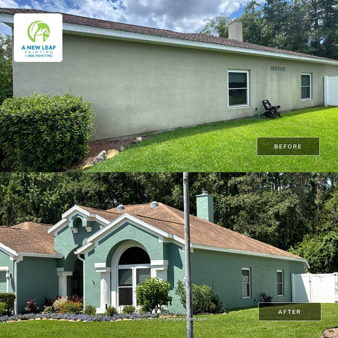 Before-and-after comparison of the rear exterior wall of a Hampton Park, Jacksonville home, showing the stucco repainted teal green around the utility meter and electrical panel