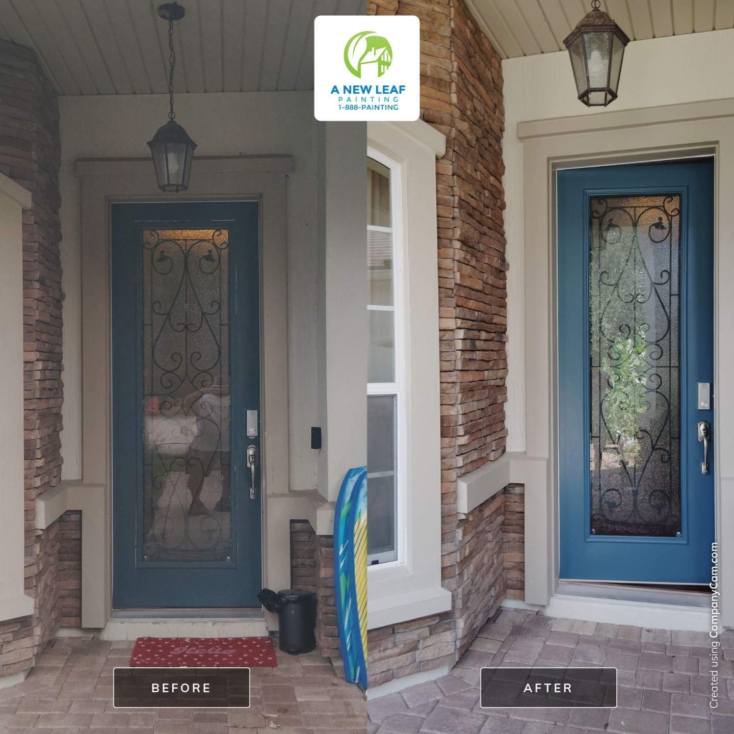 Before and after exterior painting of the front door on a Jacksonville FL 32257 home — entry porch showing refreshed door color, painted stucco surround, and covered porch with tongue-and-groove ceiling