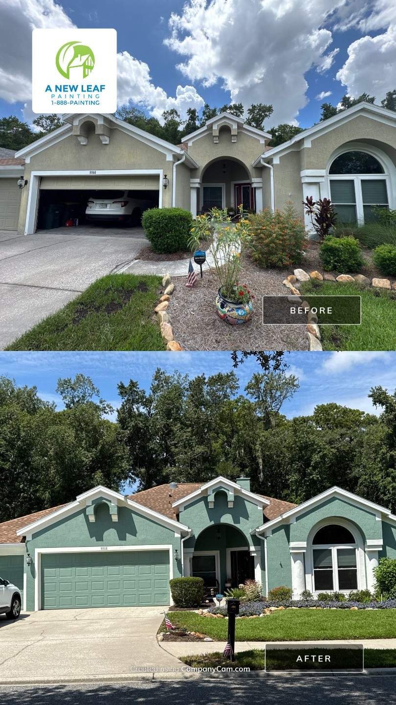 Before-and-after exterior painting comparison of a Hampton Park, Jacksonville home — plain tan stucco transformed to teal green with white trim