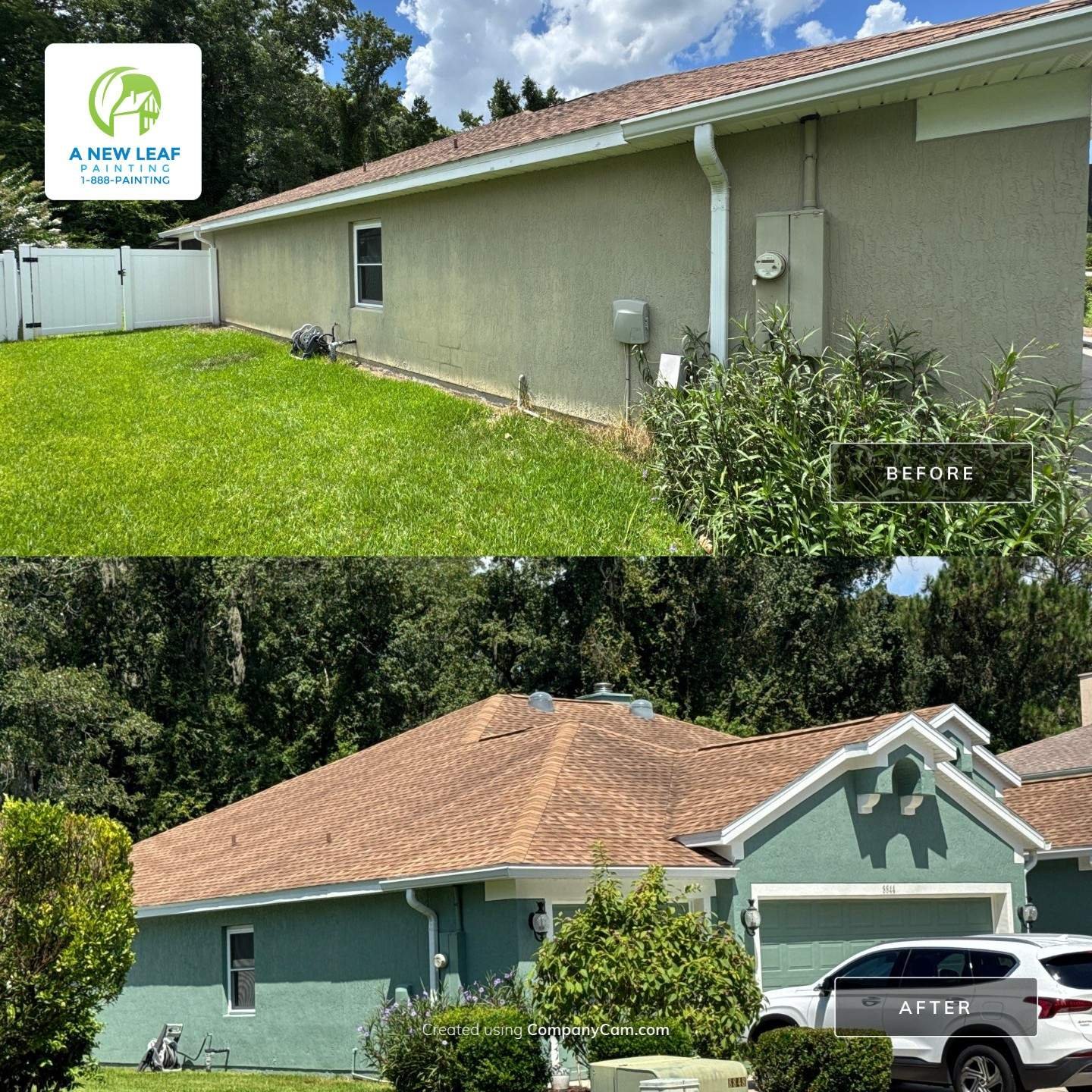 Before-and-after comparison of a Hampton Park home's front exterior, showing the garage door repainted to match the new teal green body color