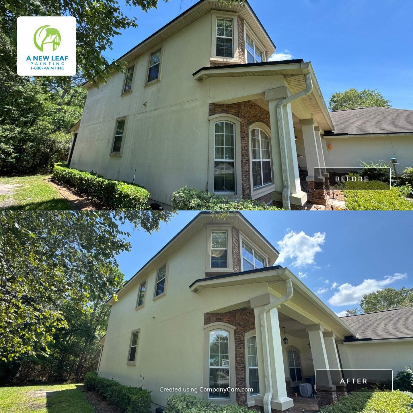 Before and after exterior painting on the garage elevation of a large stucco home in Jacksonville FL — showing the three-car garage wing and side stucco walls with refreshed coating and updated body color