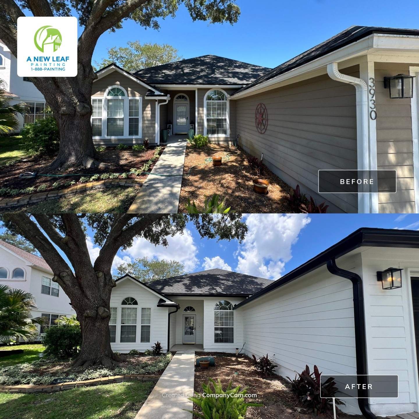 Before and after exterior painting of a James Hardie lap siding home in Jacksonville Beach FL 32250
