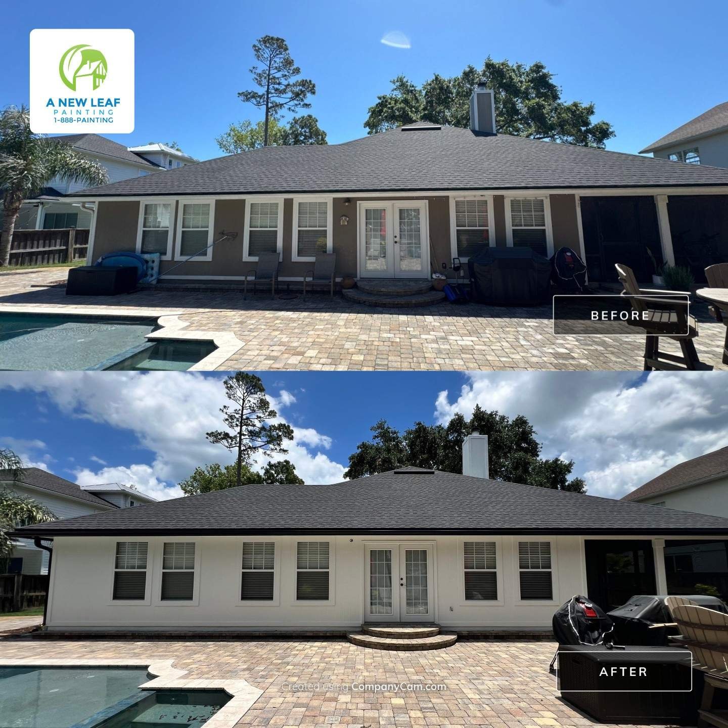 James Hardie Siding Repaint Before and After — Jacksonville Beach FL Before and after rear exterior of a James Hardie siding home repainted in Jacksonville Beach FL