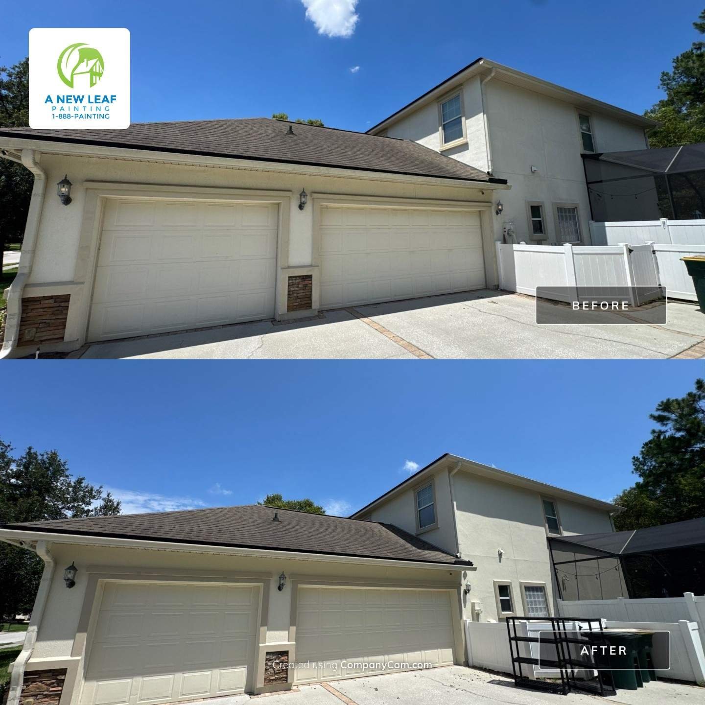 Before and after stucco exterior painting on the side elevation of a two-story Jacksonville home — showing weathered stucco condition before repainting and refreshed uniform appearance after