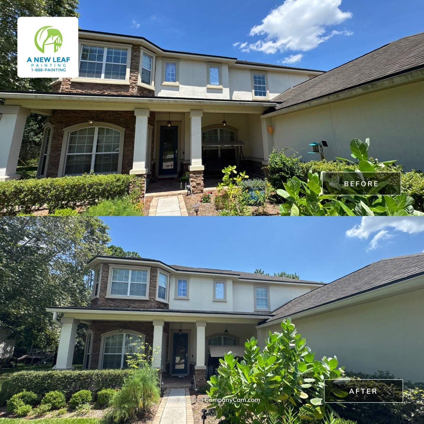 Large Exterior Stucco Repaint Before and After — Jacksonville FL 32257 Before and after exterior repaint of a large two-story stucco home in Jacksonville, FL 32257 — full front facade showing updated body color, repainted columns, trim, and front door