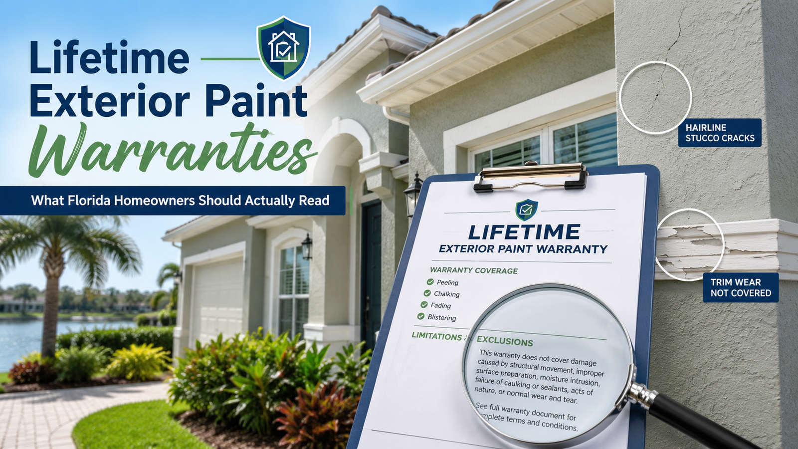 Florida stucco home with a lifetime exterior paint warranty document, magnifying glass, hairline stucco cracks, and worn trim highlighting warranty limitations.