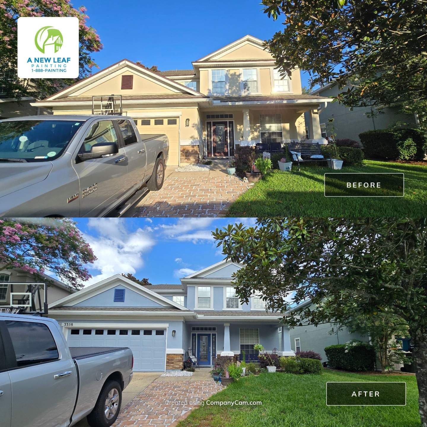 Before and after rear stucco exterior with painted trim, fascia and ceilings in Magnolia Point, Green Cove Springs FL