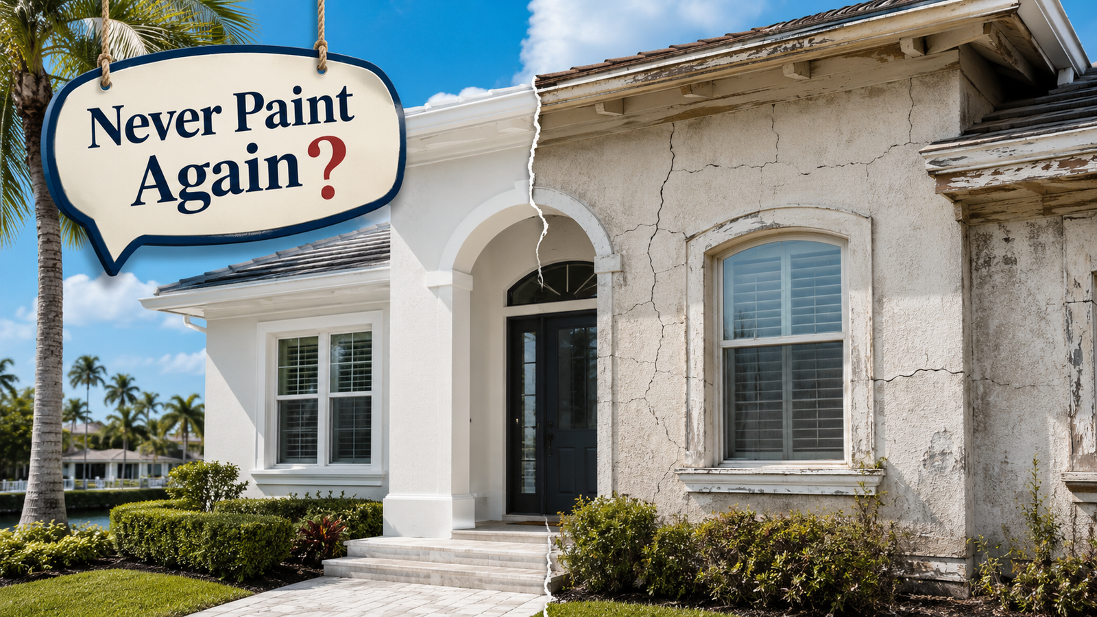 Florida stucco home showing a freshly painted exterior beside cracked, weathered stucco with the question “Never Paint Again?”