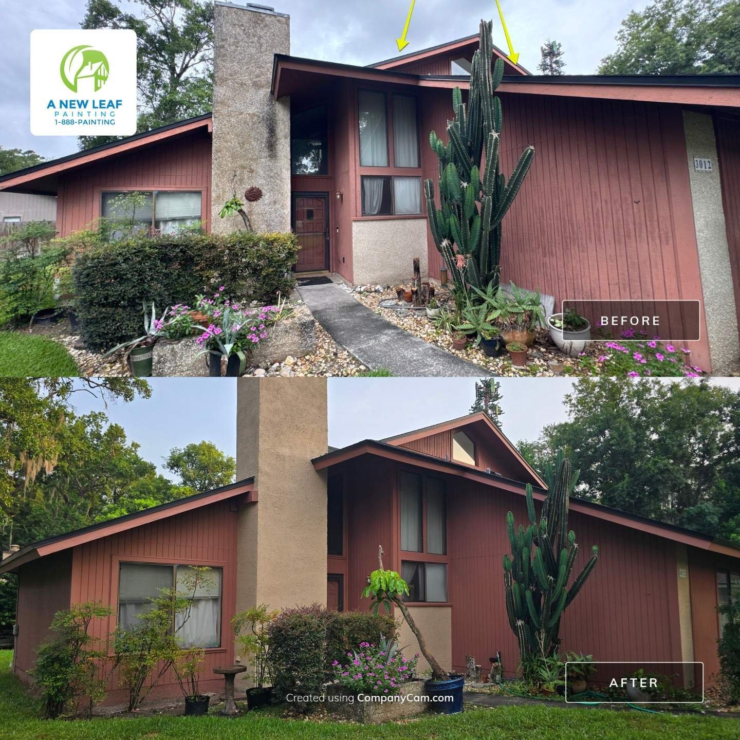 Secret Cove Exterior Painting Before and After — Jacksonville FL 32216 Before and after exterior painting of a Secret Cove home in Jacksonville 32216 — T1-11 siding and weathered coquina chimney repainted, showing full front facade transformation
