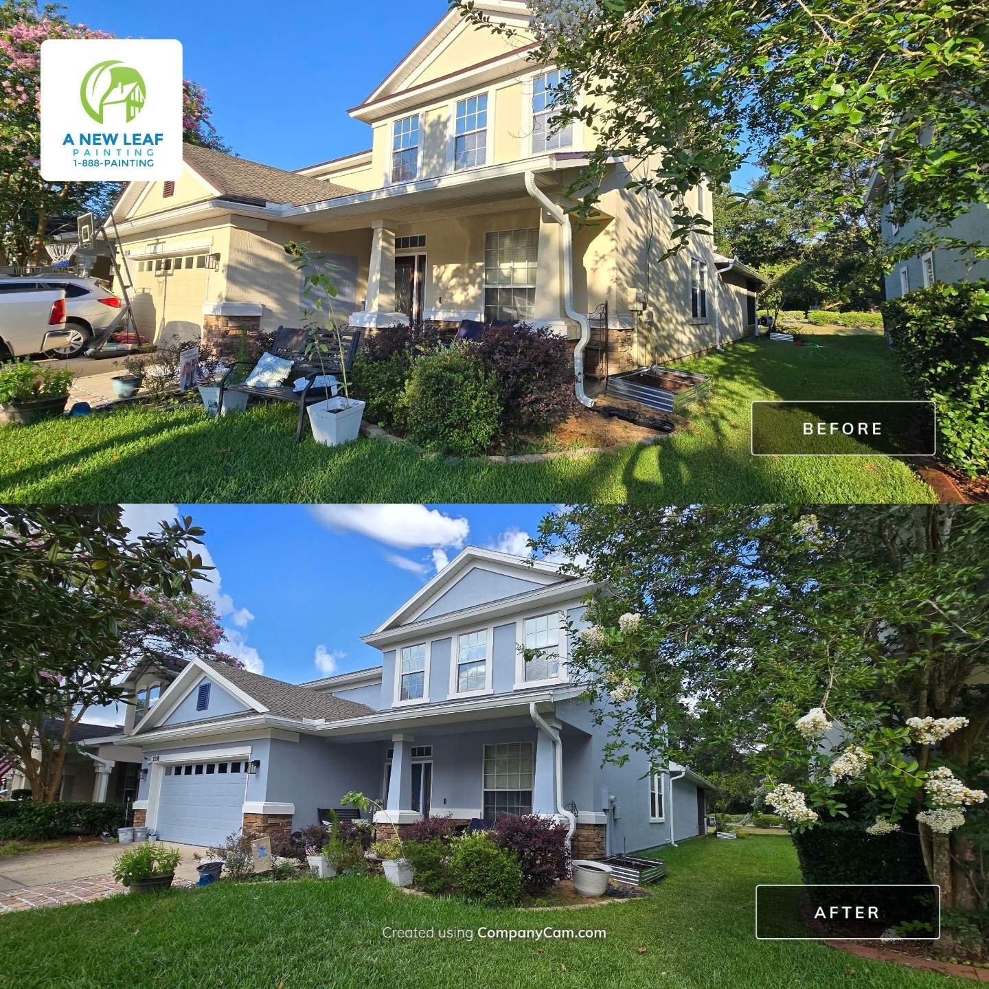Before and after stucco exterior painting with repaired cracks, architectural bands and trim on a Magnolia Point home in Green Cove Springs FL