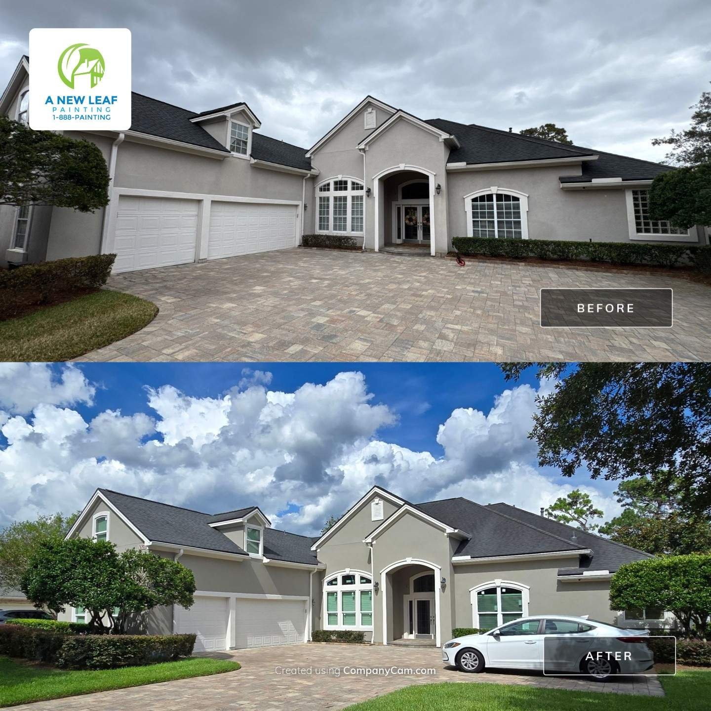 Stucco Trim, Architectural Bands and Exterior Doors Painted — Deercreek Jacksonville FL 32256 Before and after stucco trim, architectural bands and exterior doors painted on a Deercreek Jacksonville FL 32256 home
