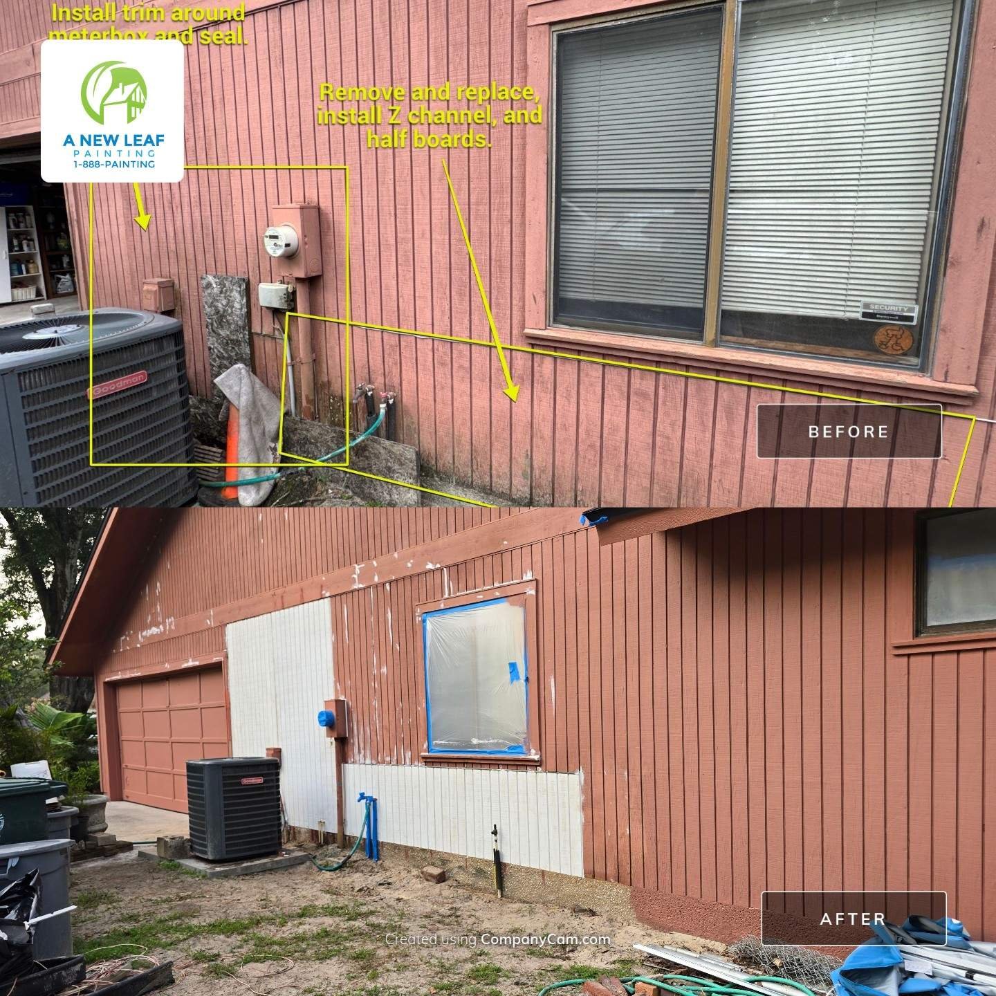 T1-11 Siding Repair and Preparation Before and After — Secret Cove Jacksonville 32216 Before and after T1-11 siding repair and exterior painting on Secret Cove Jacksonville home — annotated before showing repair scope, after showing new boards installed and mid-project preparation stage