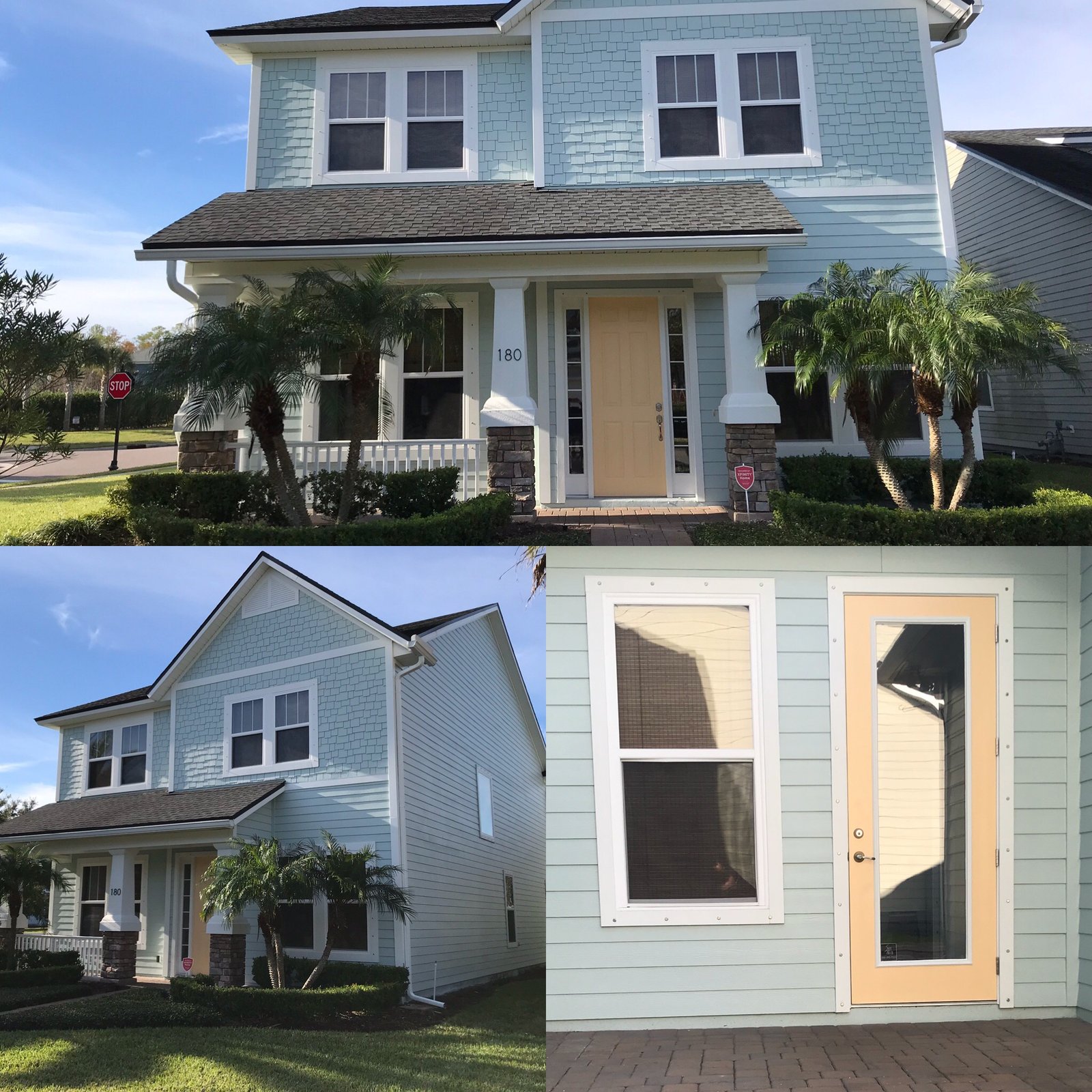 Completed Sherwin-Williams Emerald exterior painting on a large custom James Hardie lap siding home in Coastal Oaks at Nocatee FL 32081