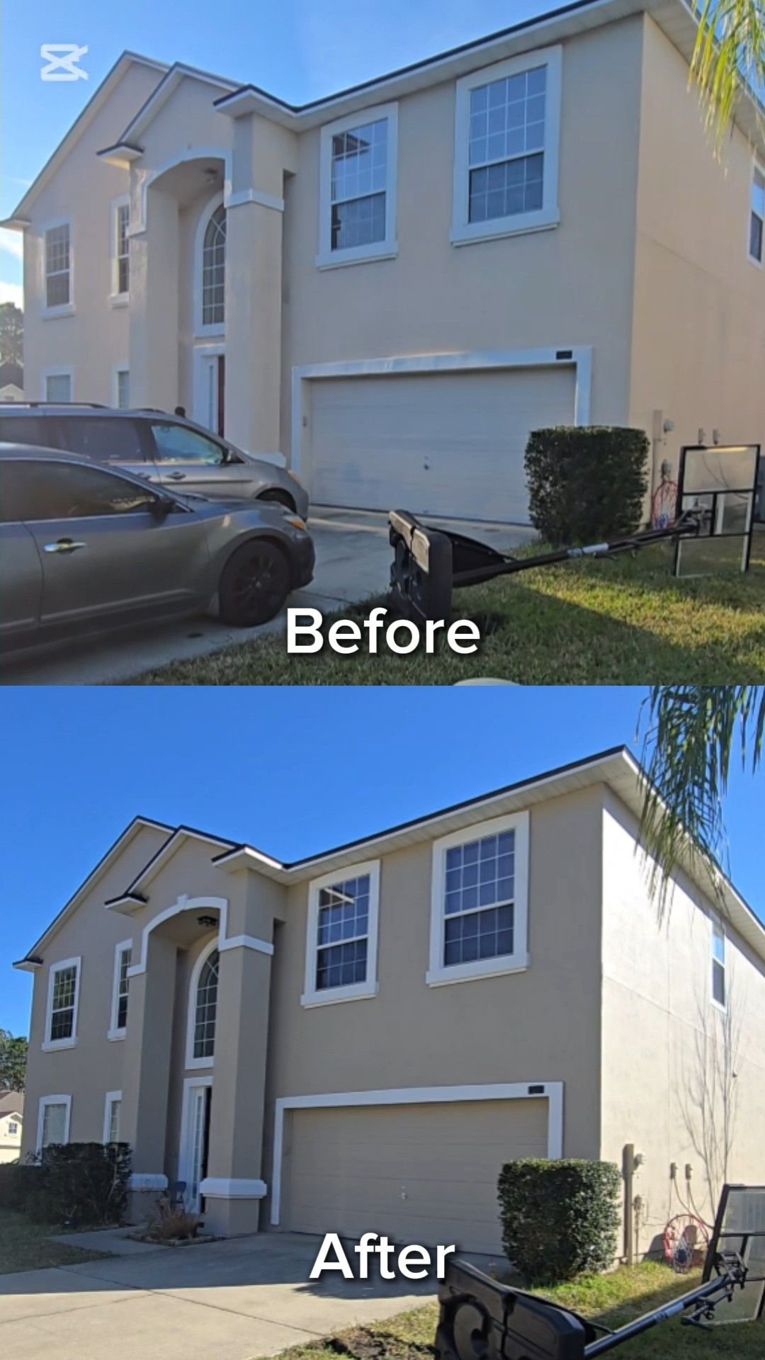 Before and after stucco repair and exterior painting on a Jacksonville FL 32246 home