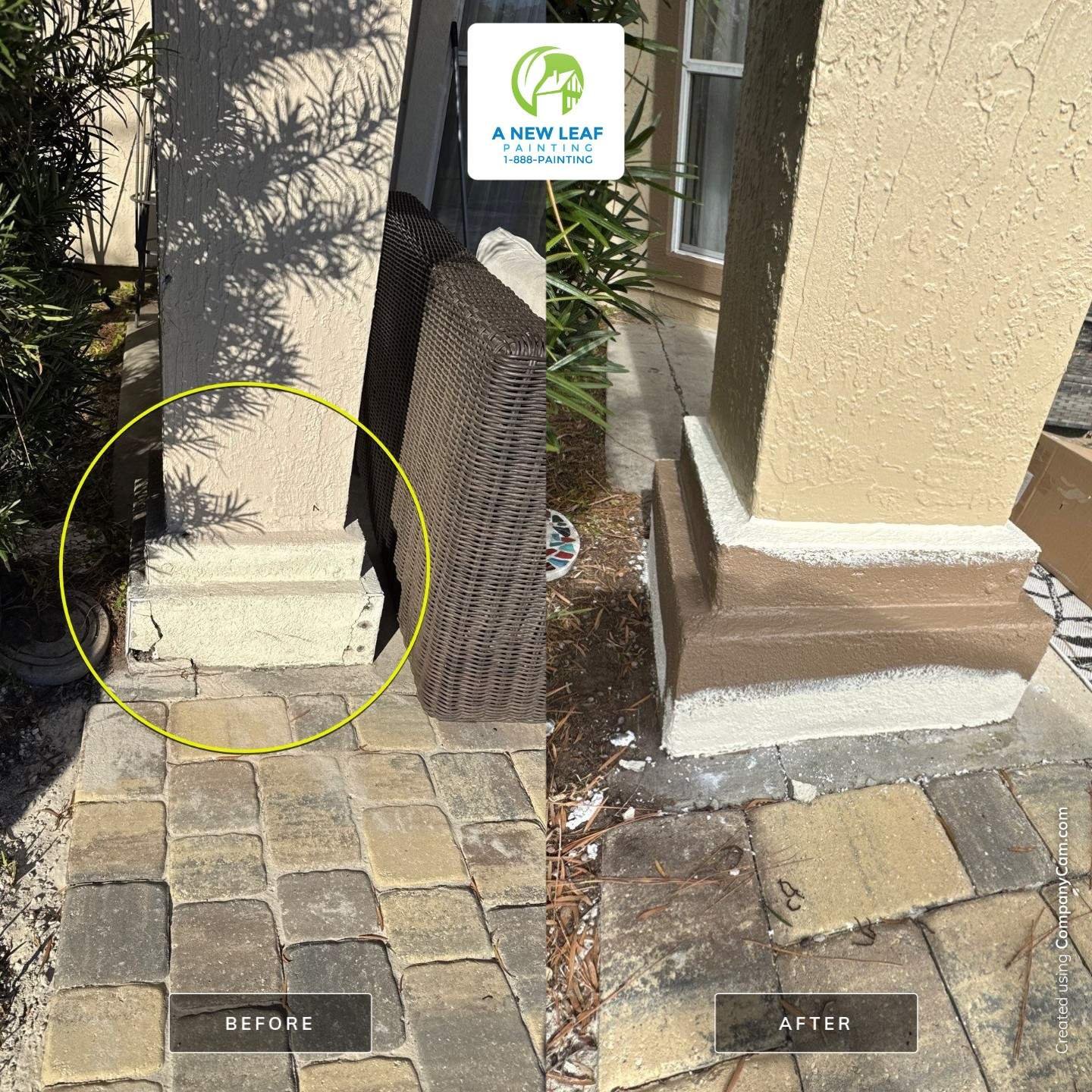 Stucco Column Repair — Eagle Harbor Fleming Island Before and after damaged stucco column-base repair on an Eagle Harbor home in Fleming Island FL