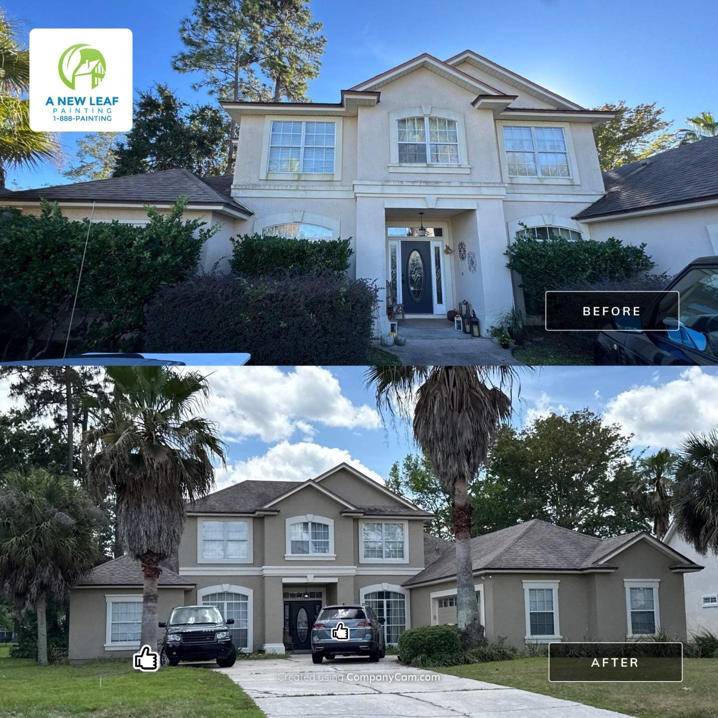 Stucco Exterior Painting Before and After — Eagle Harbor Before and after front exterior of a stucco home painted in Eagle Harbor, Fleming Island FL