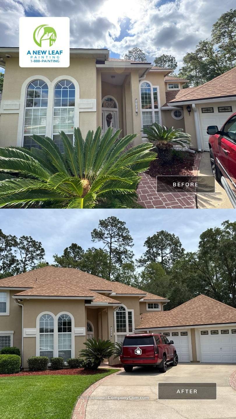 Before and after front view of a synthetic stucco home painted in Eagle Harbor, Fleming Island FL