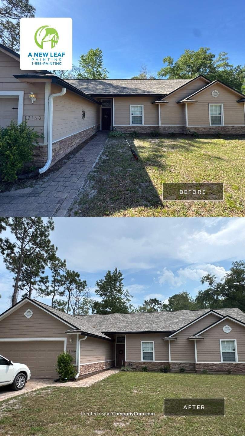 Before and after exterior repaint of the front elevation of a lap siding and stucco home in Jacksonville, FL 32224