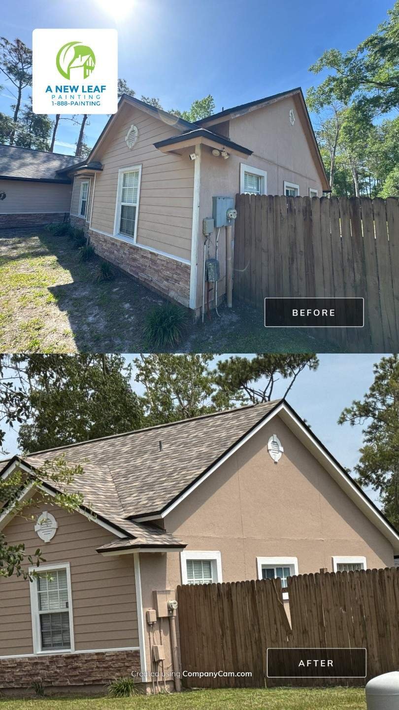 Before and after exterior repaint of the right side elevation of a Jacksonville, FL 32224 home following wood rot and stucco repairs