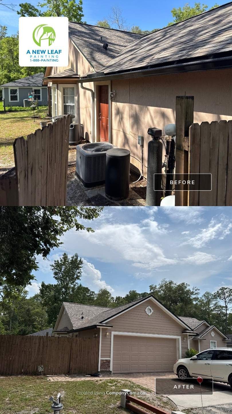 Before and after exterior repaint of a stucco side elevation on a Jacksonville, FL 32224 home coated with Sherwin-Williams Loxon XP