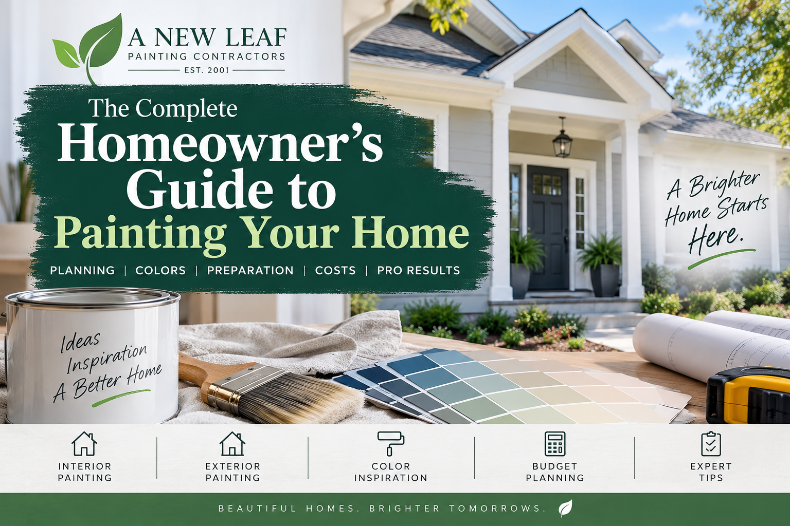 Home exterior with paint supplies and color swatches for a homeowner painting guide