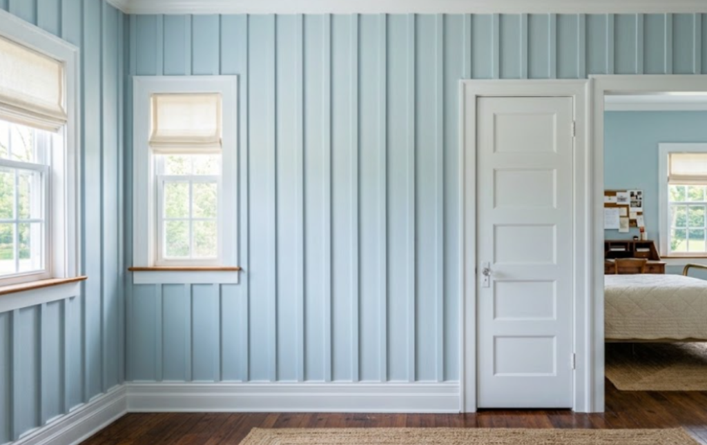 Board and batten fluted wall in light blue Jacksonville bedroom