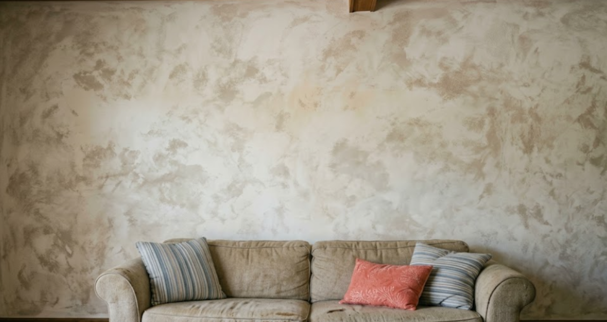 Limewash textured wall behind sofa in Jacksonville living room